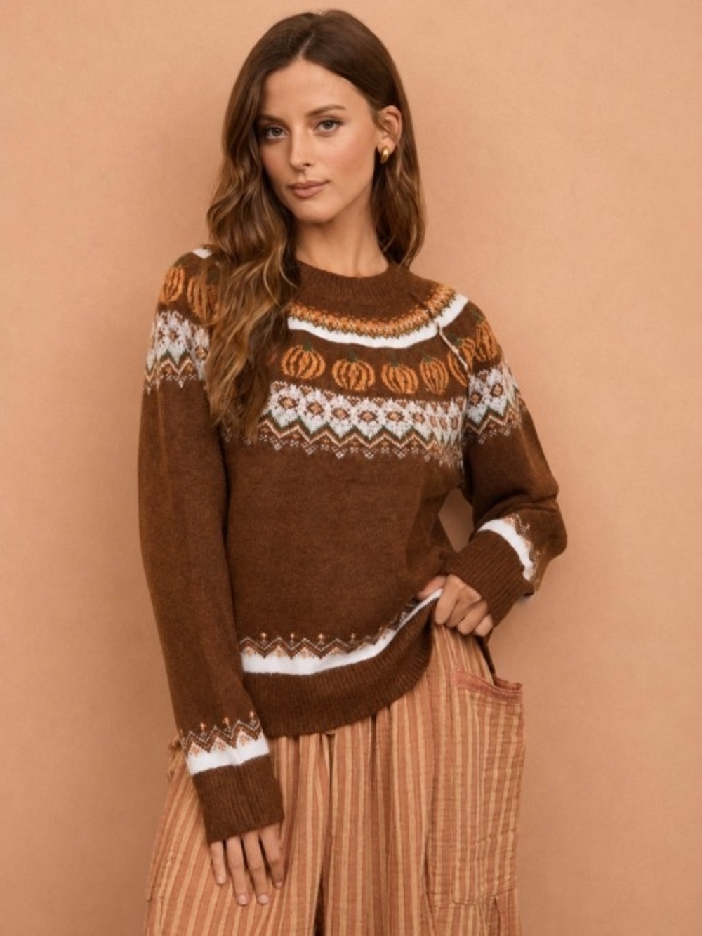 4-0909 Cozy Chocolate Brown Fall Pumpkin Fair Isle Crewneck Sweater